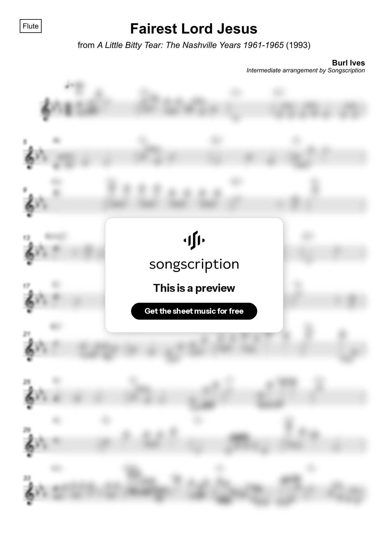 Intermediate Flute Sheet Music for "Fairest Lord Jesus" by Burl Ives