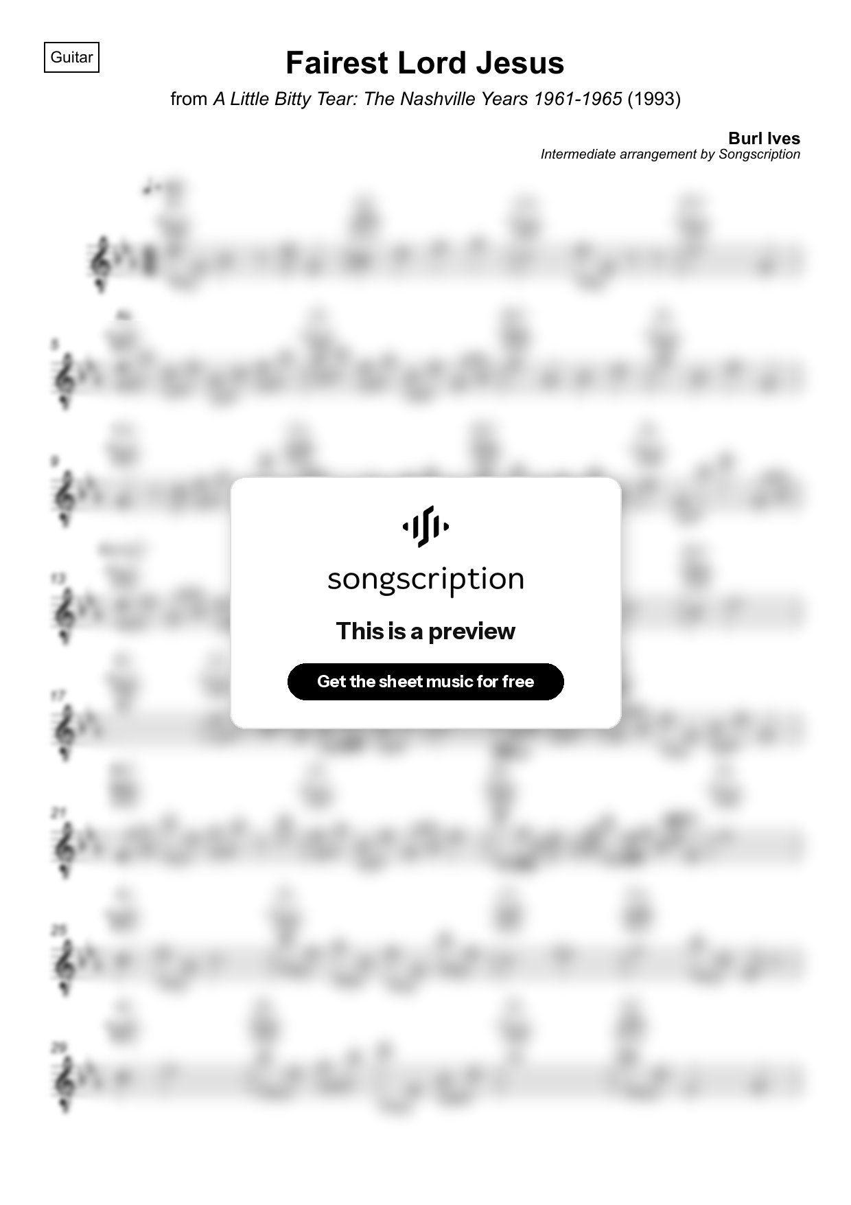 Intermediate Acoustic Guitar Sheet Music for "Fairest Lord Jesus" by Burl Ives