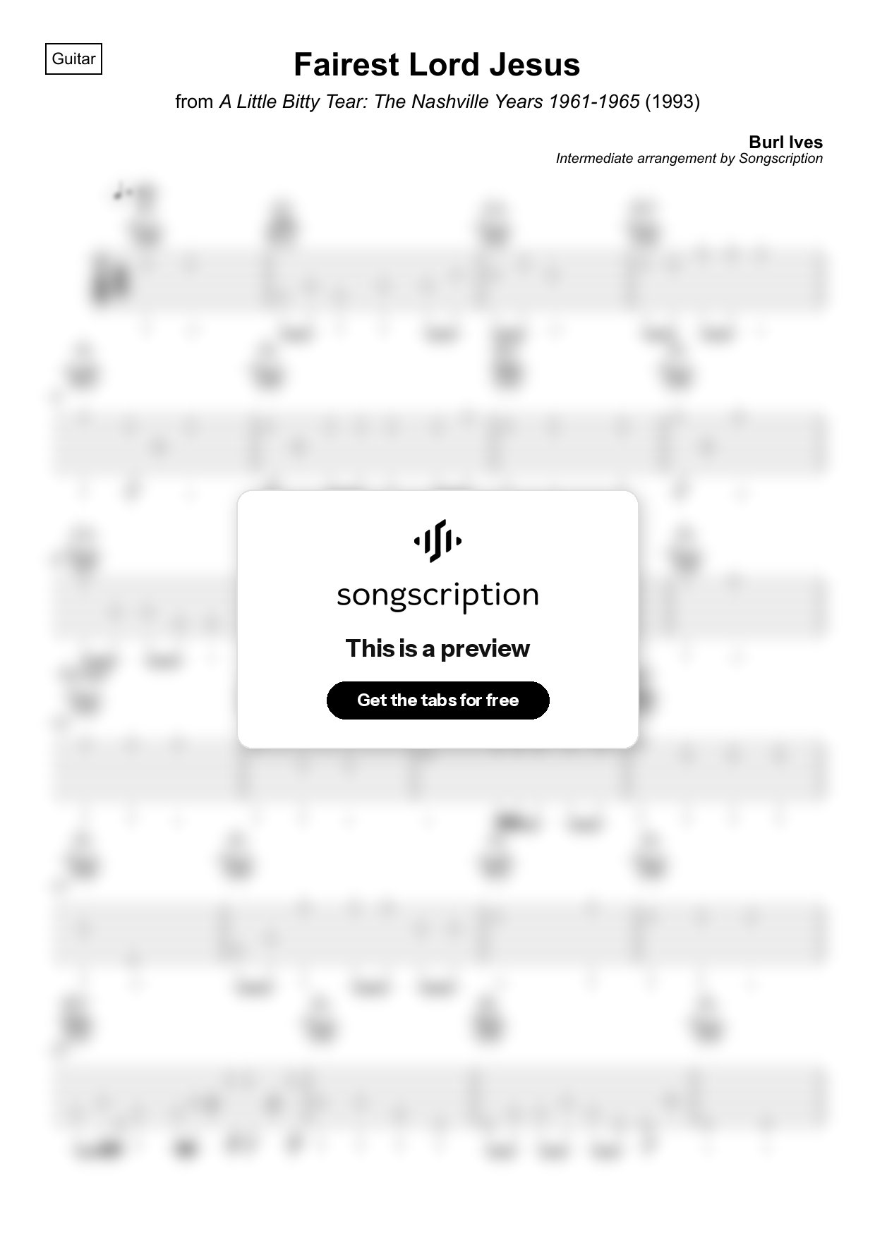 Intermediate Acoustic Guitar Tabs for "Fairest Lord Jesus" by Burl Ives