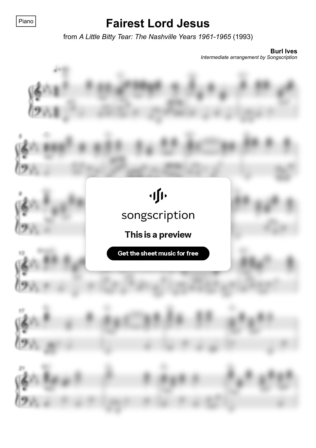 Intermediate Piano Sheet Music for "Fairest Lord Jesus" by Burl Ives