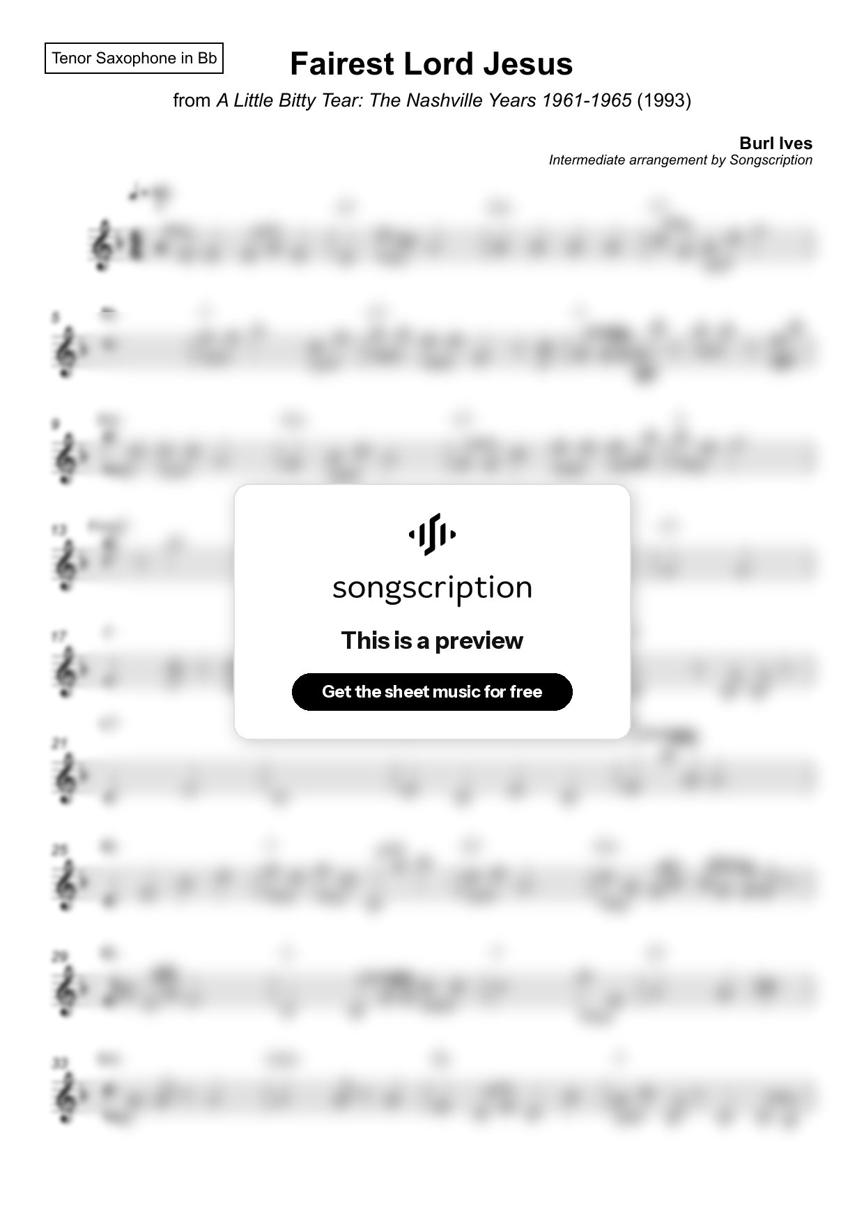 Intermediate Tenor Sax Sheet Music for "Fairest Lord Jesus" by Burl Ives