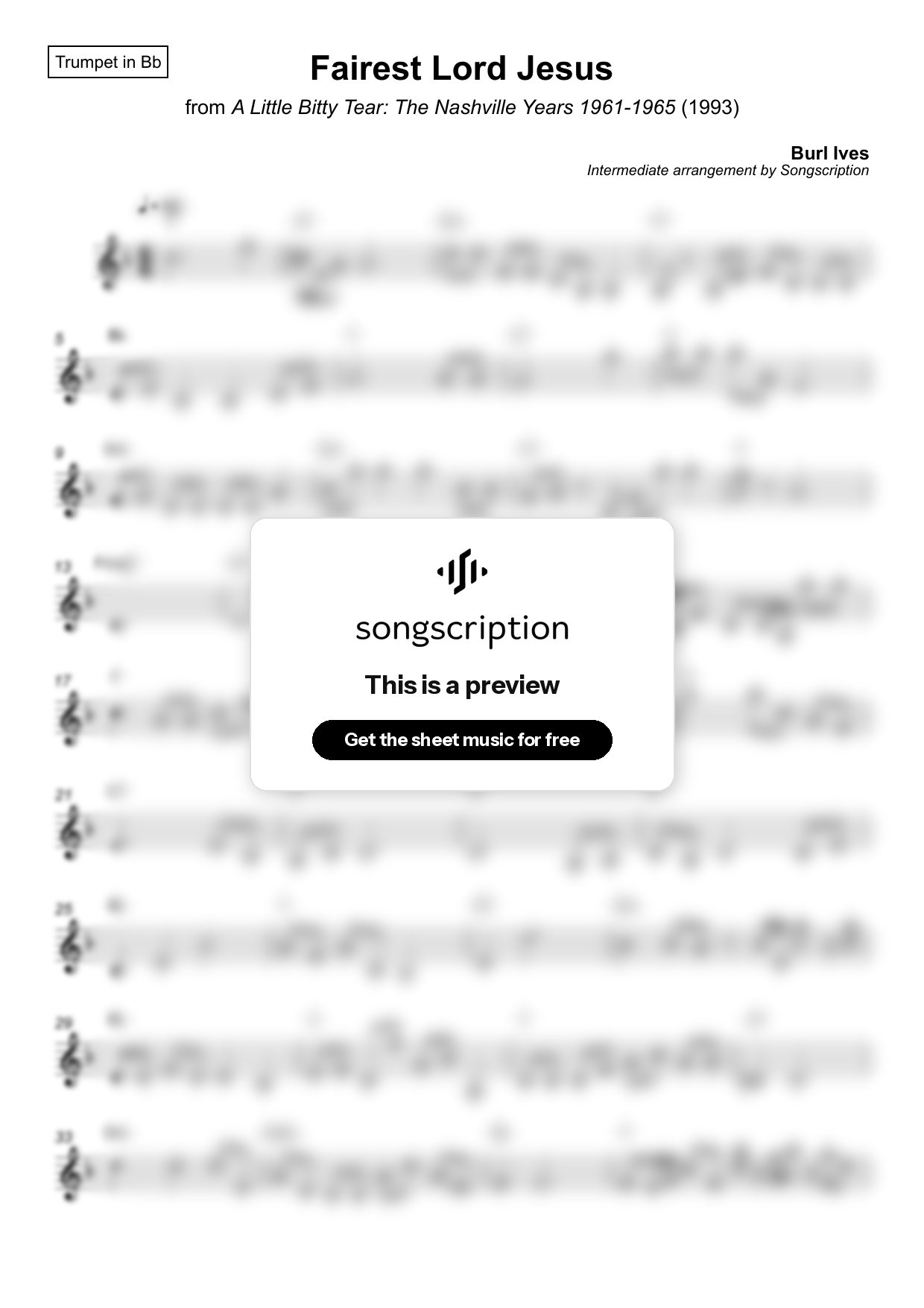 Intermediate Trumpet Sheet Music for "Fairest Lord Jesus" by Burl Ives