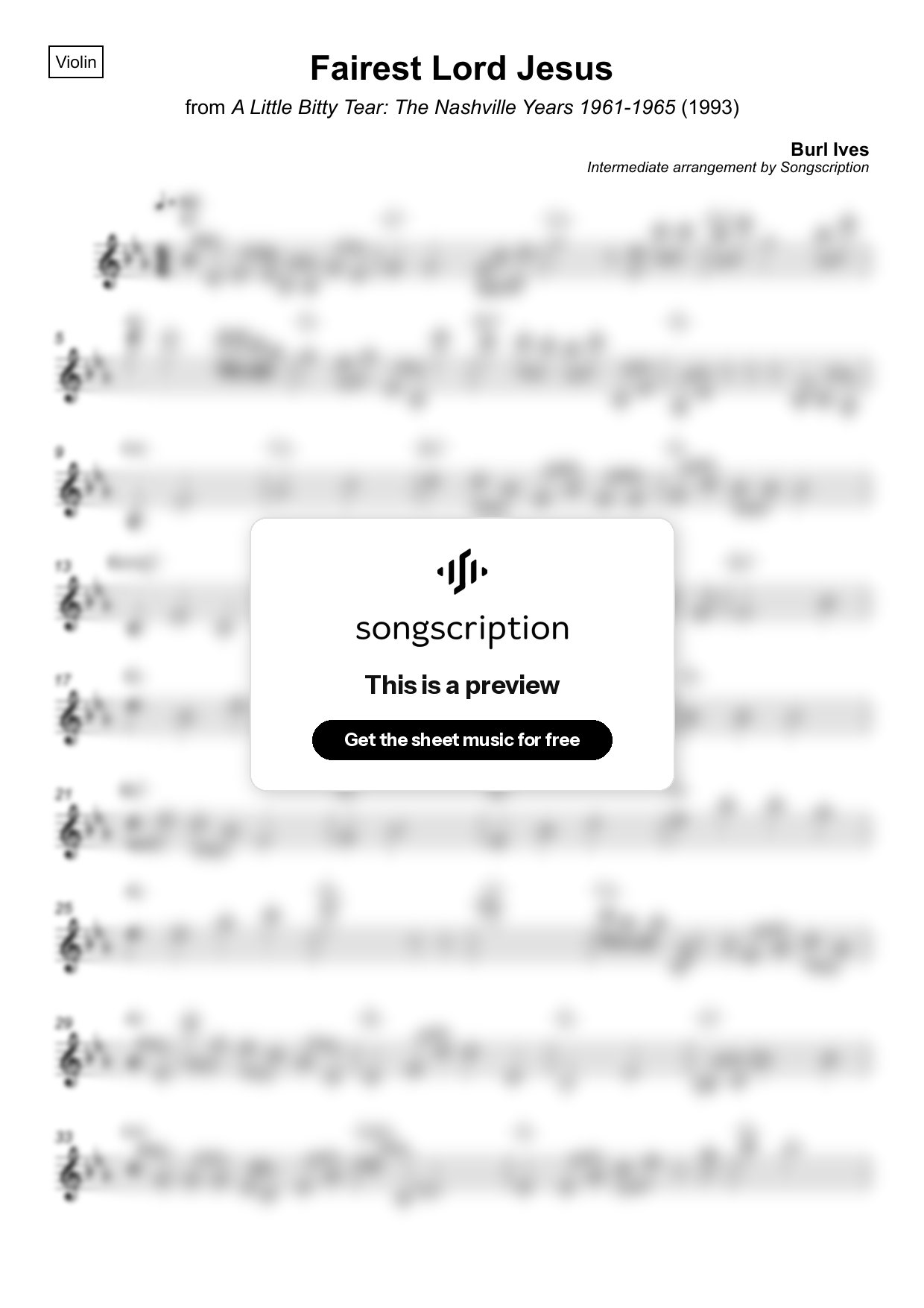 Intermediate Violin Sheet Music for "Fairest Lord Jesus" by Burl Ives
