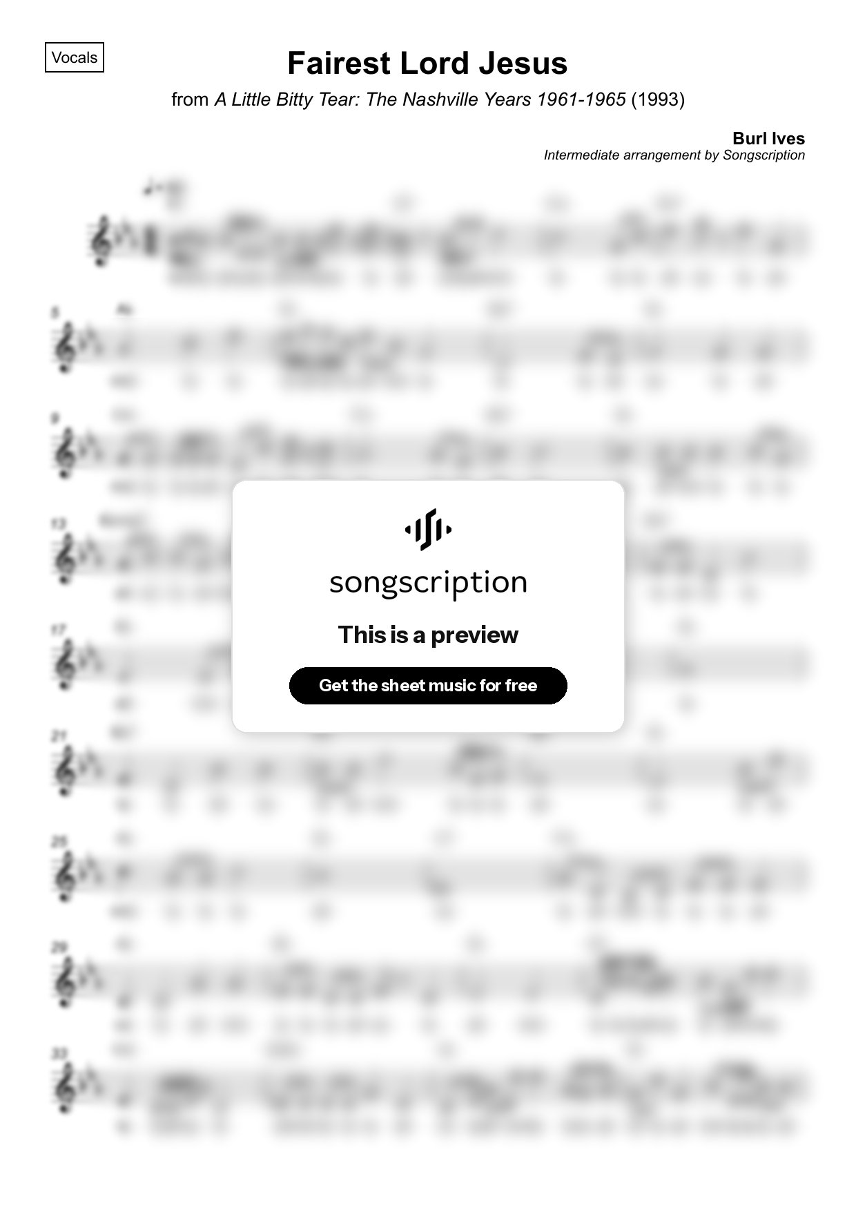 Intermediate Vocals Sheet Music for "Fairest Lord Jesus" by Burl Ives