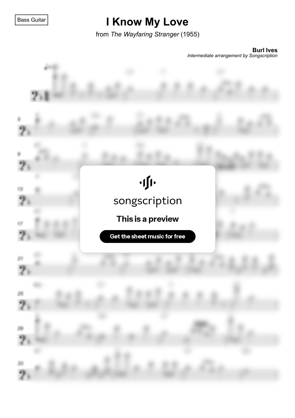 Intermediate Bass Guitar Sheet Music for "I Know My Love" by Burl Ives
