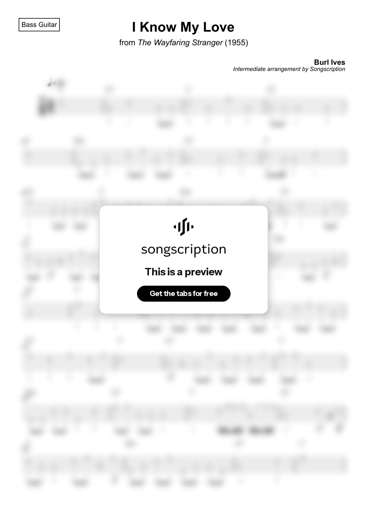 Intermediate Bass Guitar Tabs for "I Know My Love" by Burl Ives