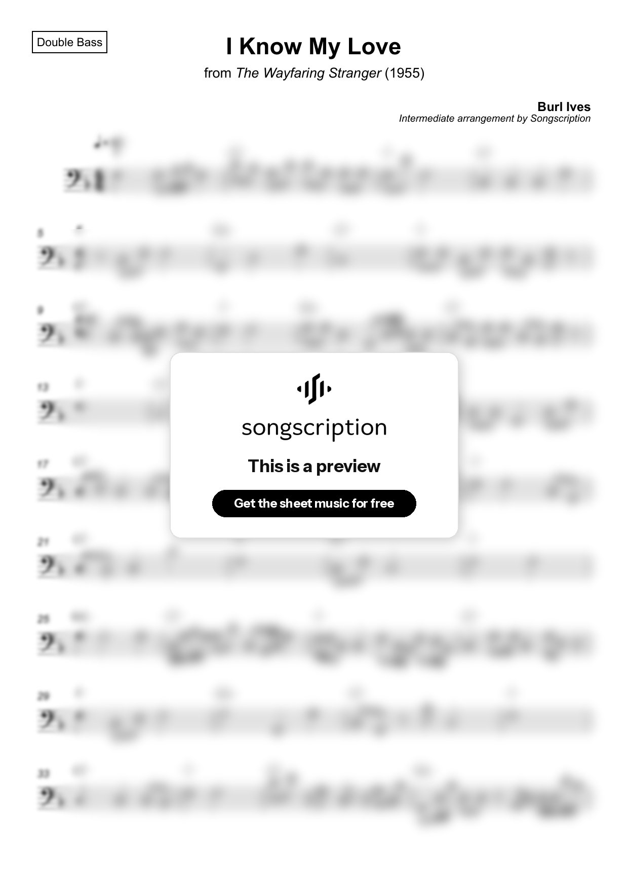 Intermediate Double Bass Sheet Music for "I Know My Love" by Burl Ives