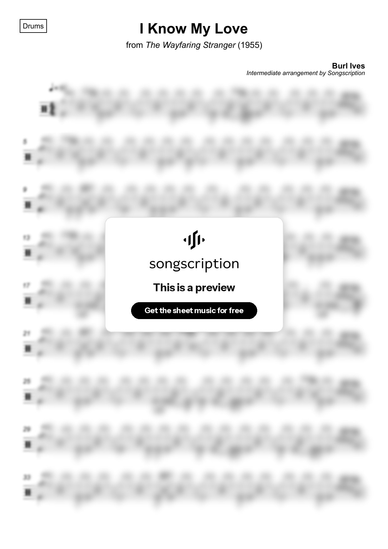 Intermediate Drums Sheet Music for "I Know My Love" by Burl Ives