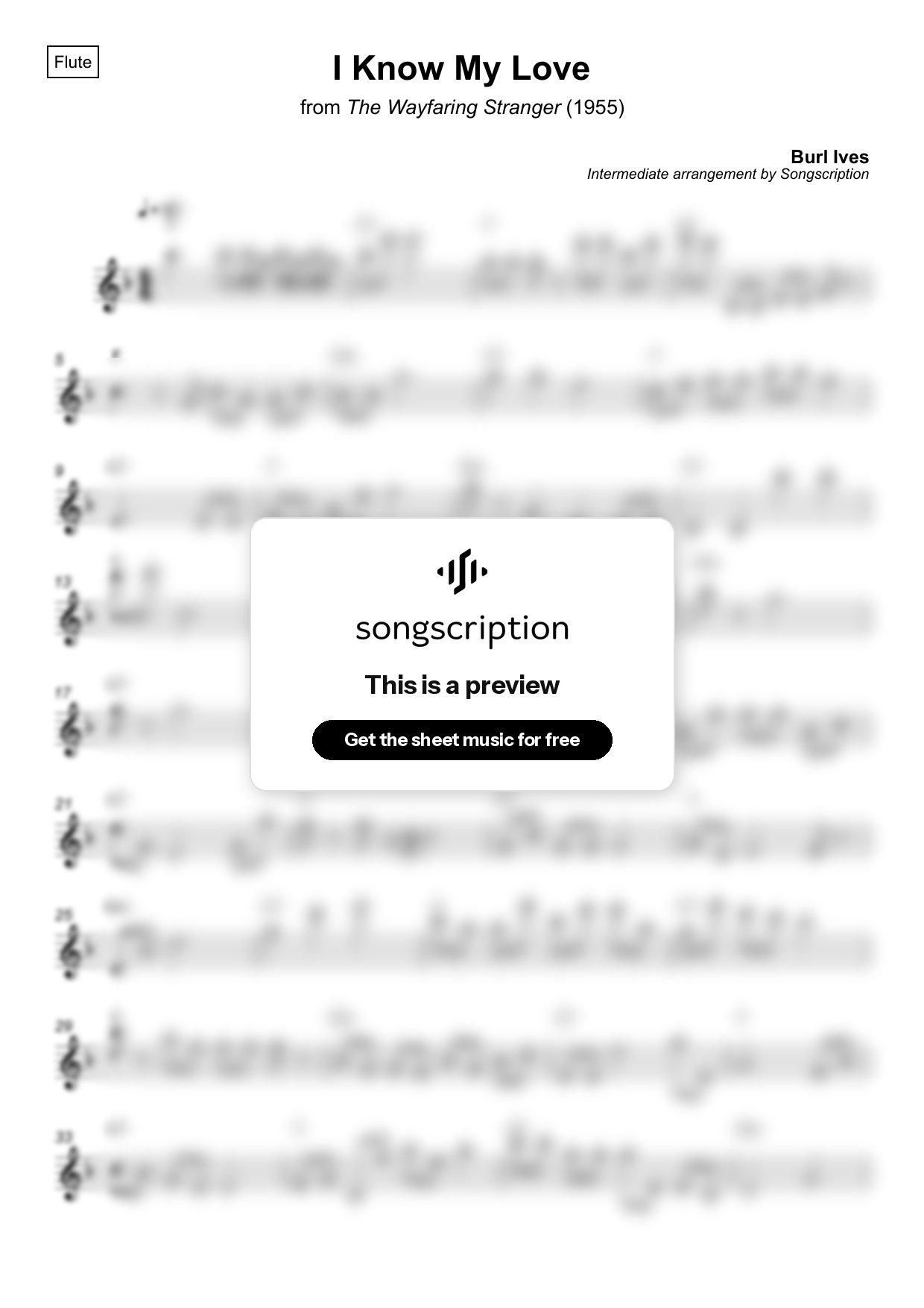 Intermediate Flute Sheet Music for "I Know My Love" by Burl Ives