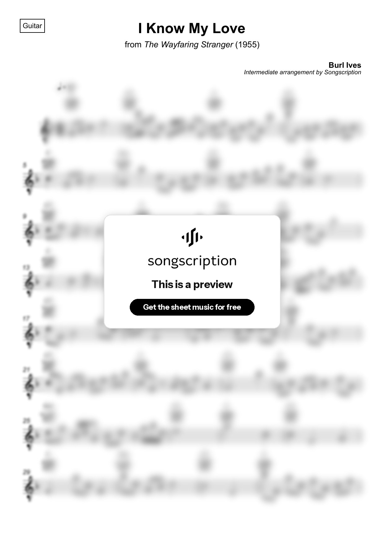 Intermediate Acoustic Guitar Sheet Music for "I Know My Love" by Burl Ives