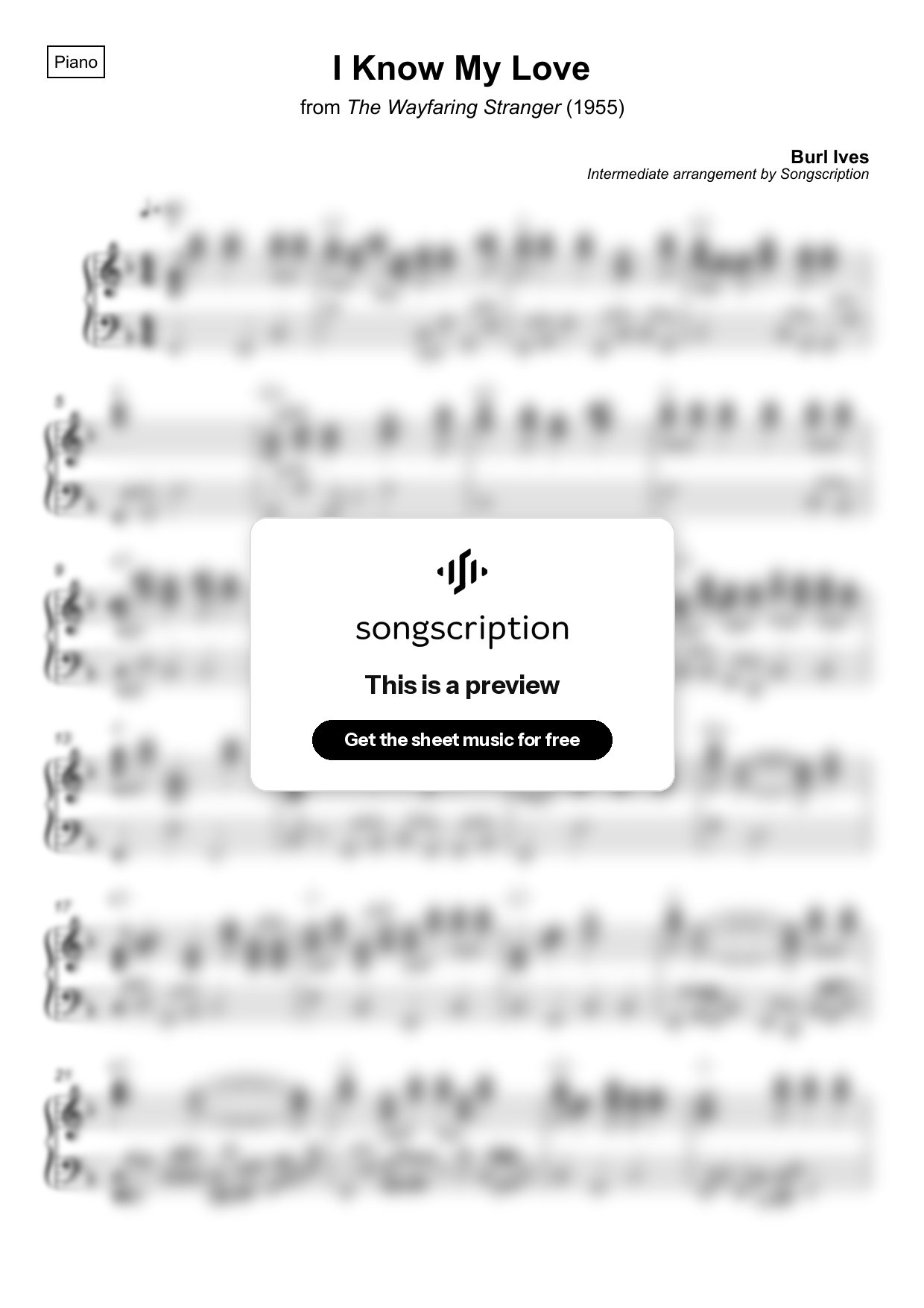 Intermediate Piano Sheet Music for "I Know My Love" by Burl Ives