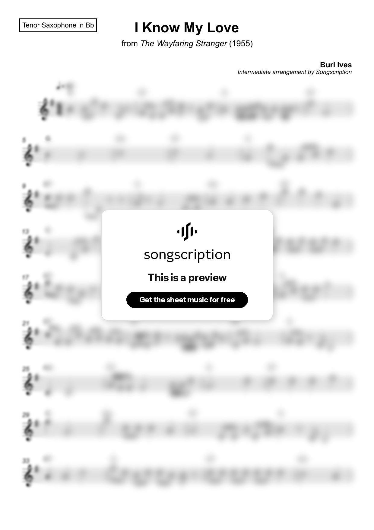 Intermediate Tenor Sax Sheet Music for "I Know My Love" by Burl Ives