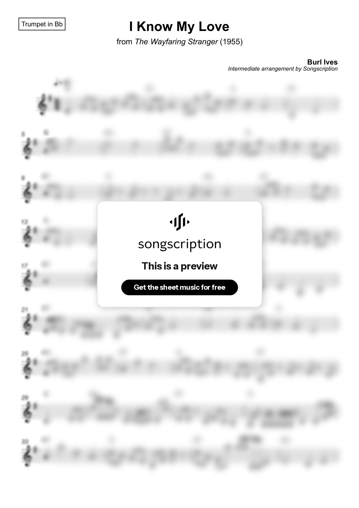 Intermediate Trumpet Sheet Music for "I Know My Love" by Burl Ives