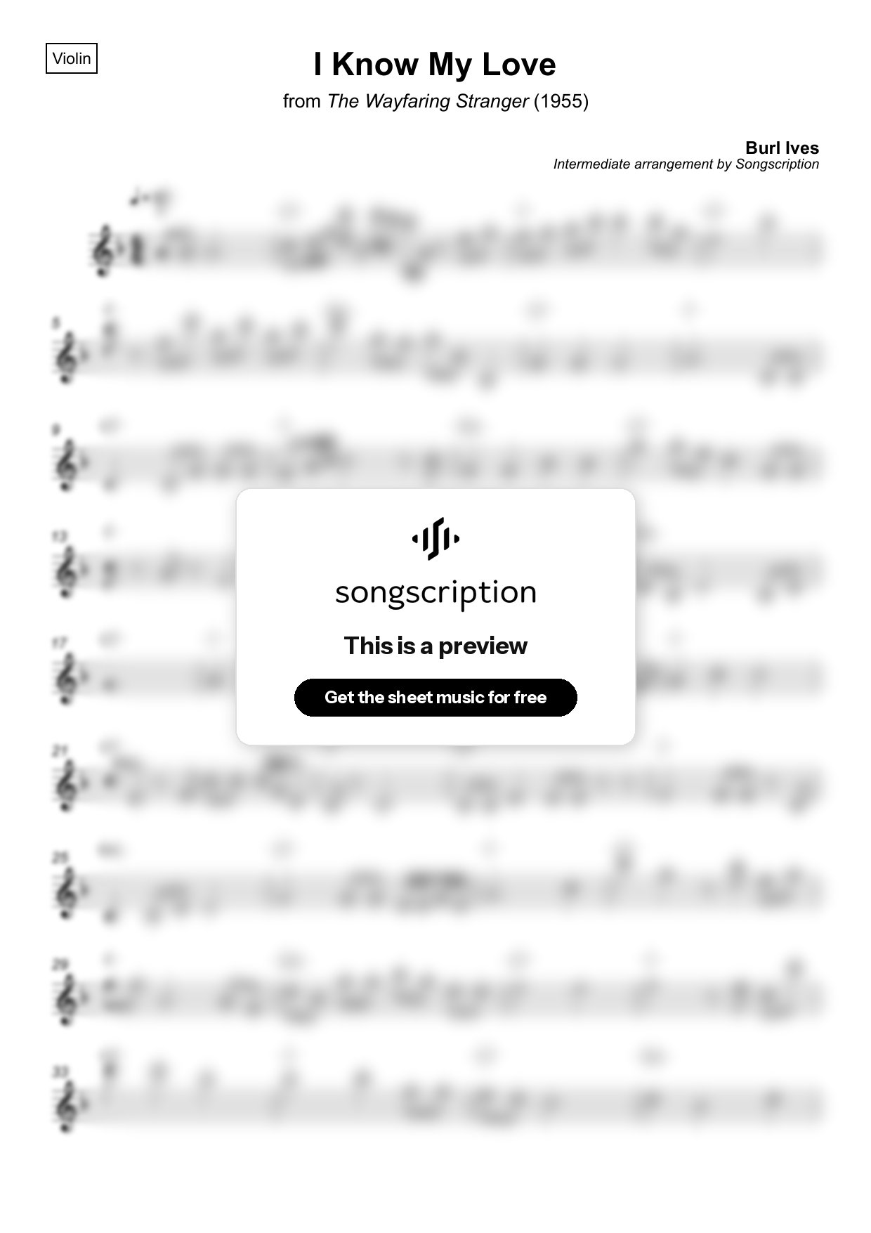Intermediate Violin Sheet Music for "I Know My Love" by Burl Ives
