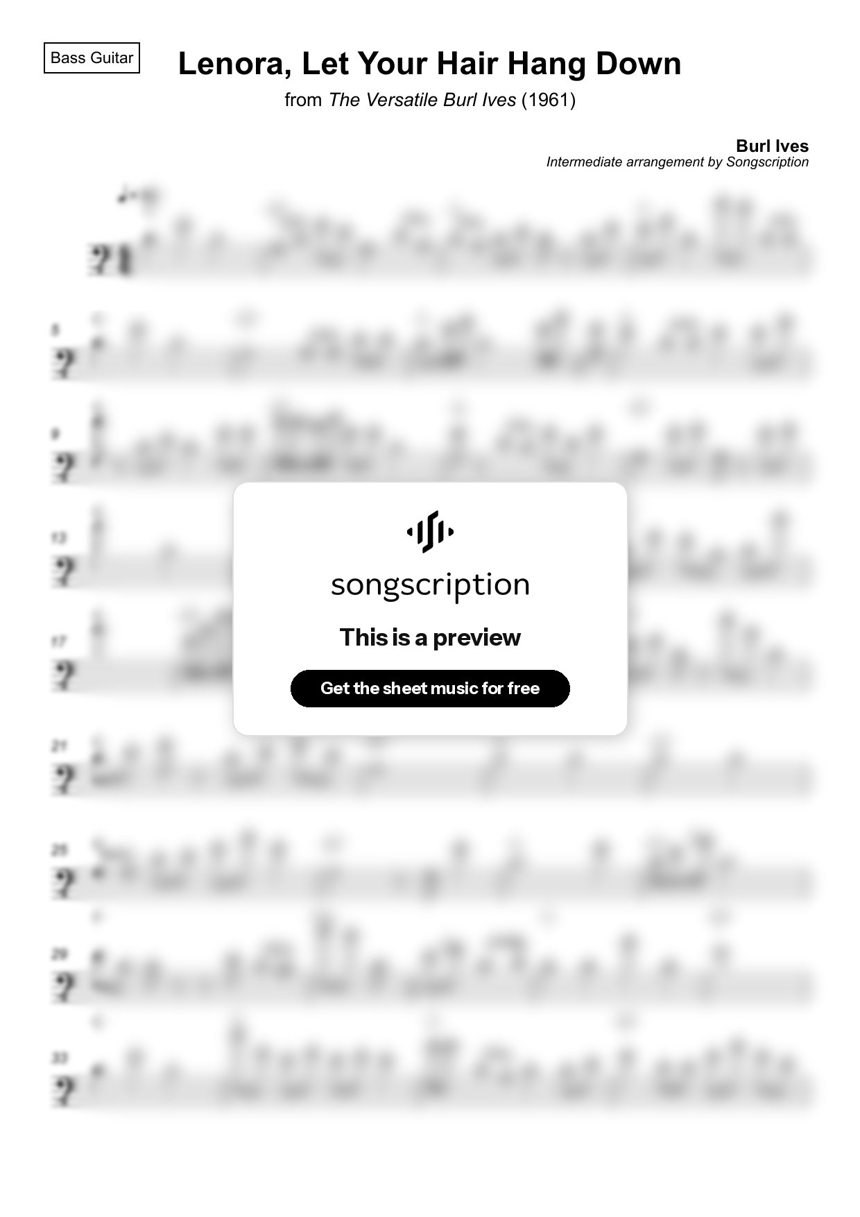 Intermediate Bass Guitar Sheet Music for "Lenora, Let Your Hair Hang Down" by Burl Ives