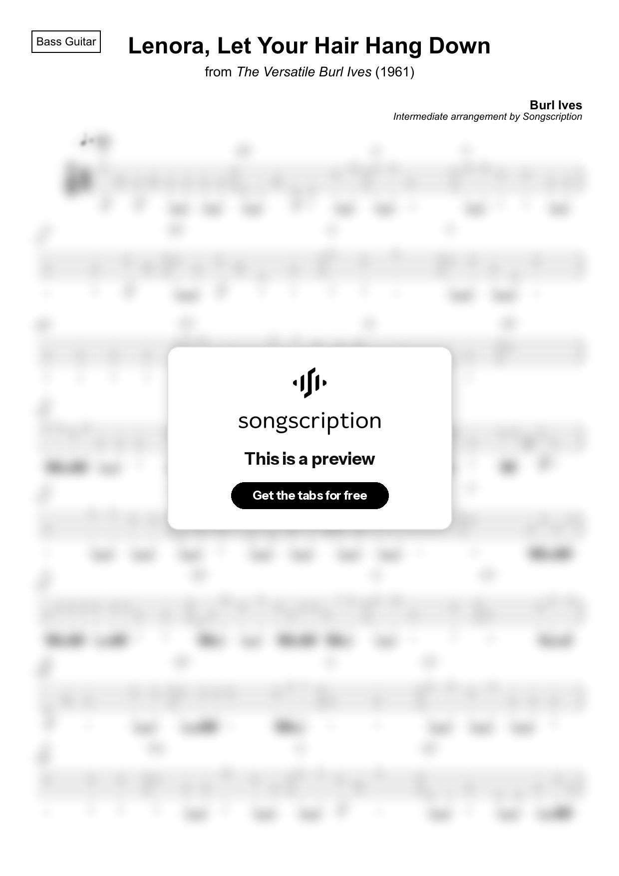 Intermediate Bass Guitar Tabs for "Lenora, Let Your Hair Hang Down" by Burl Ives