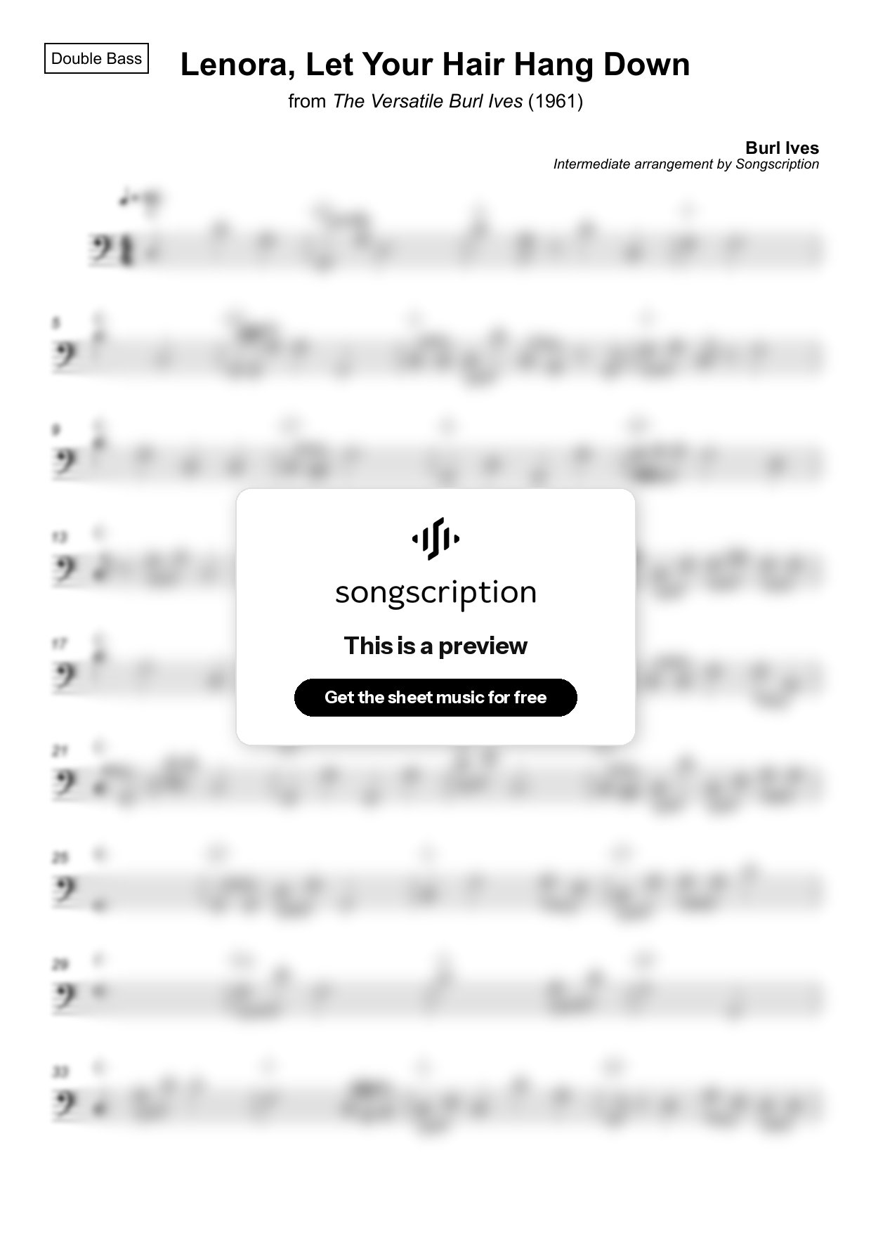Intermediate Double Bass Sheet Music for "Lenora, Let Your Hair Hang Down" by Burl Ives