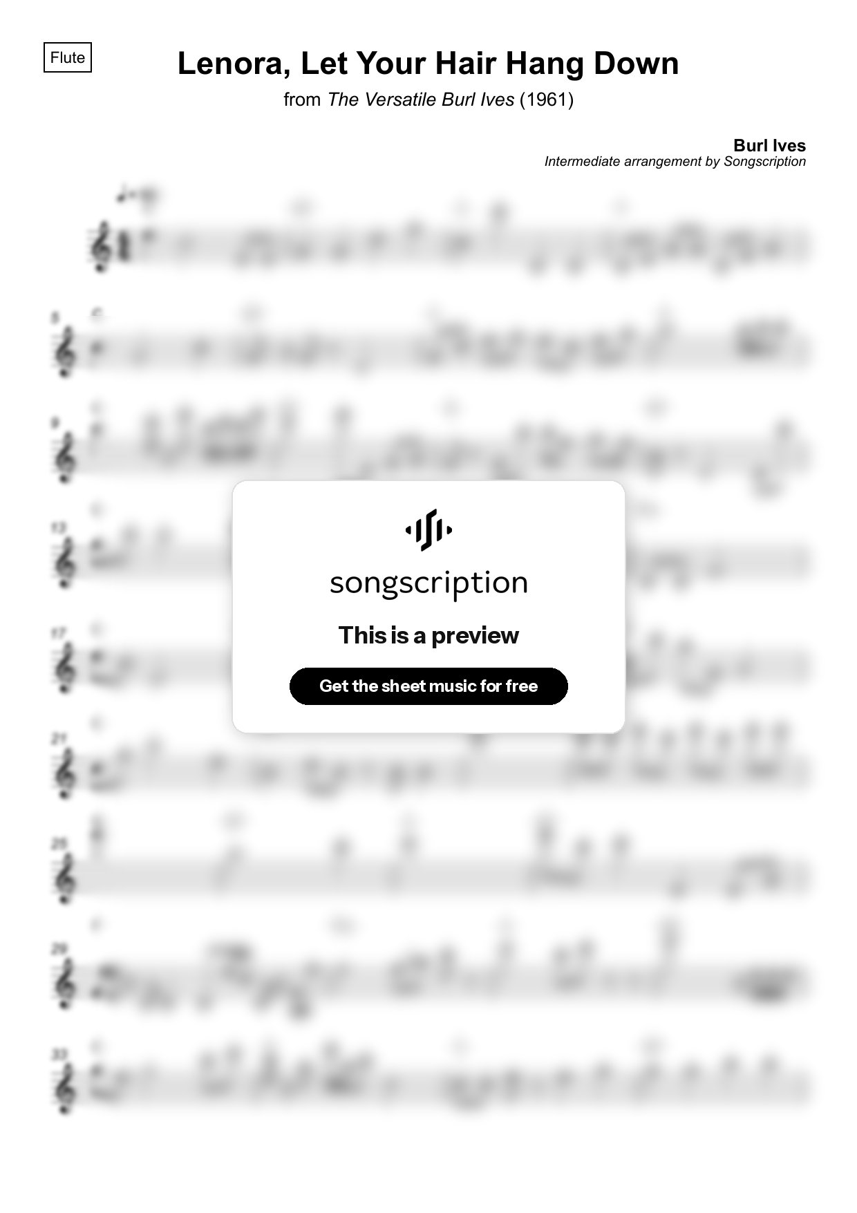 Intermediate Flute Sheet Music for "Lenora, Let Your Hair Hang Down" by Burl Ives