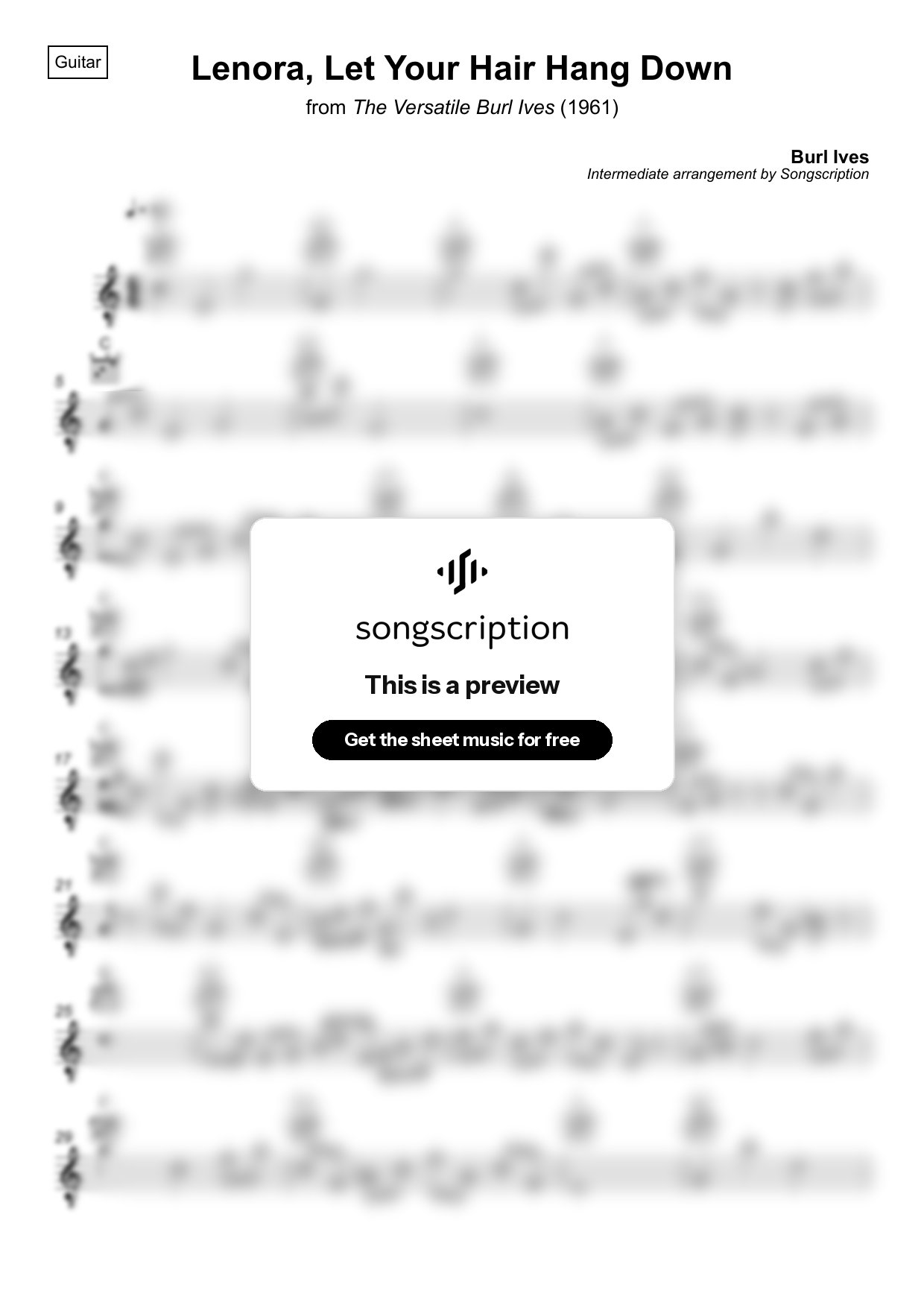 Intermediate Acoustic Guitar Sheet Music for "Lenora, Let Your Hair Hang Down" by Burl Ives