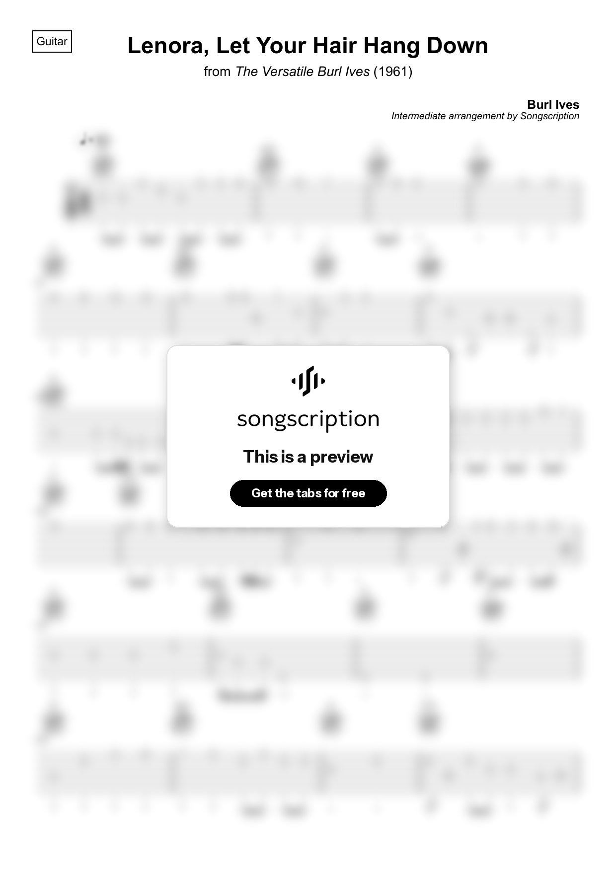 Intermediate Acoustic Guitar Tabs for "Lenora, Let Your Hair Hang Down" by Burl Ives