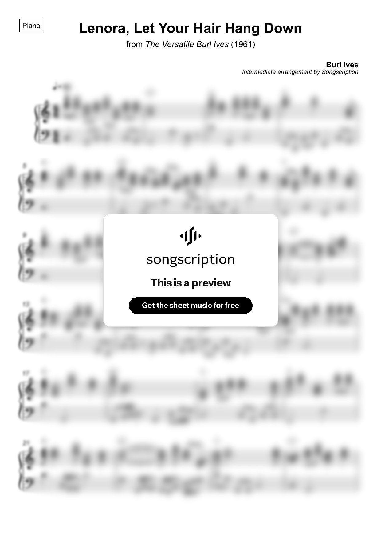 Intermediate Piano Sheet Music for "Lenora, Let Your Hair Hang Down" by Burl Ives