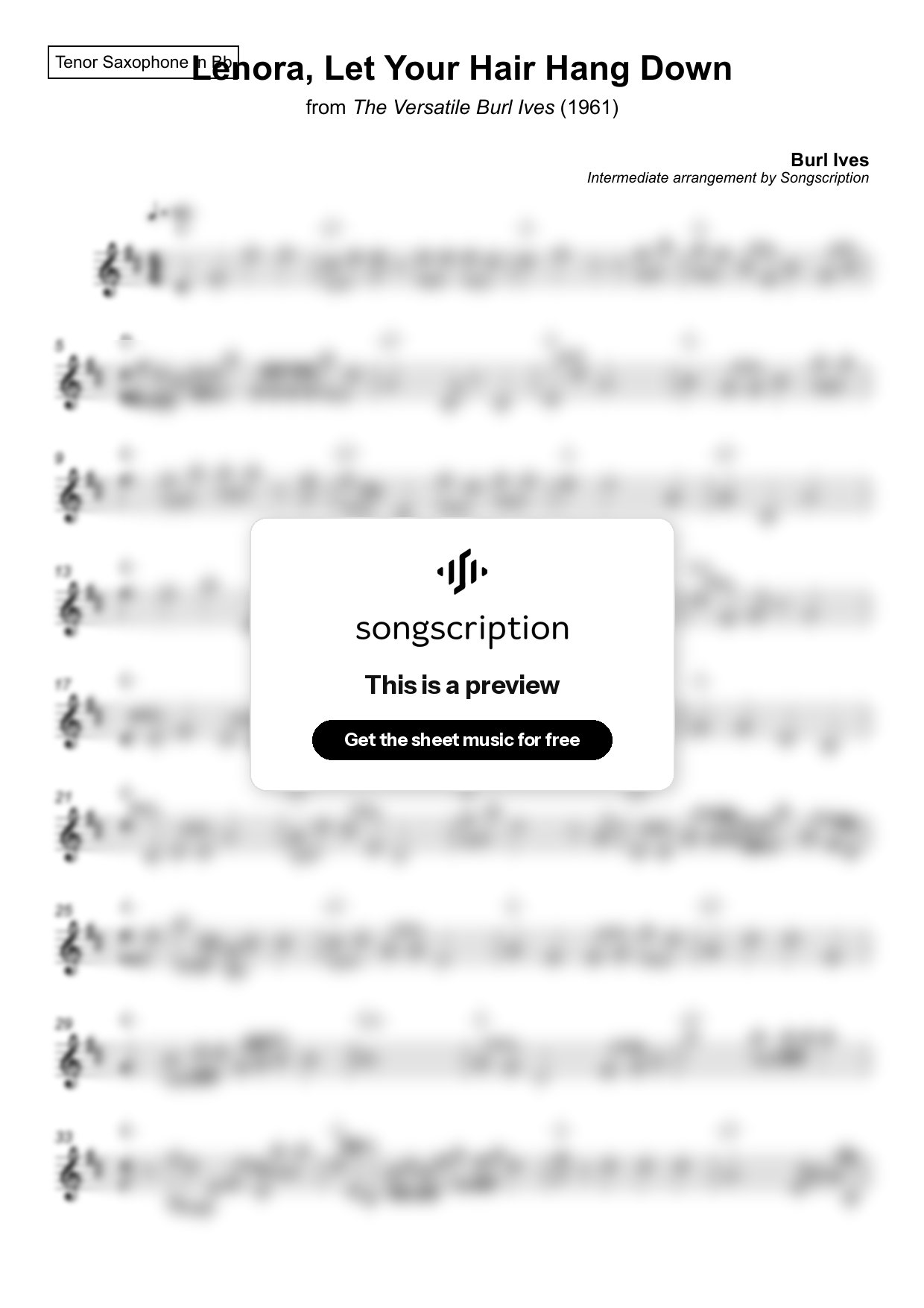 Intermediate Tenor Sax Sheet Music for "Lenora, Let Your Hair Hang Down" by Burl Ives
