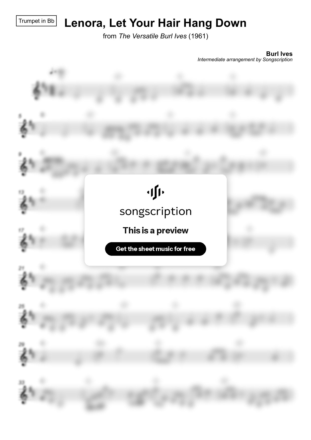 Intermediate Trumpet Sheet Music for "Lenora, Let Your Hair Hang Down" by Burl Ives