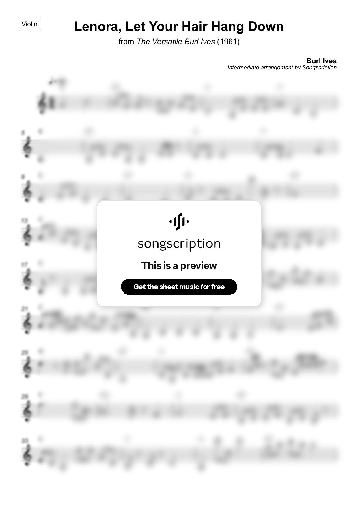 Intermediate Violin Sheet Music for "Lenora, Let Your Hair Hang Down" by Burl Ives