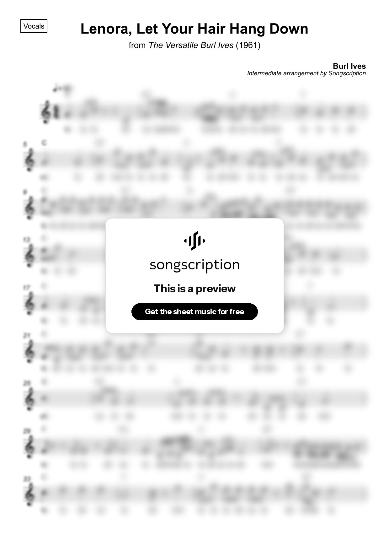 Intermediate Vocals Sheet Music for "Lenora, Let Your Hair Hang Down" by Burl Ives