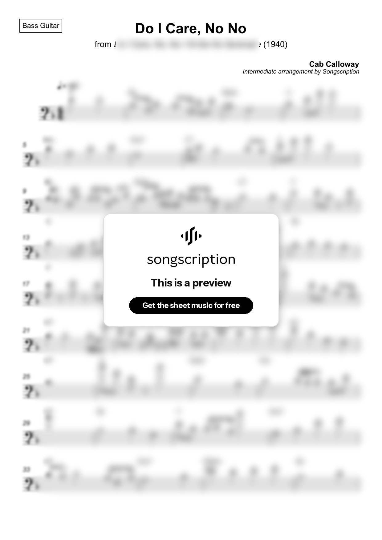 Intermediate Bass Guitar Sheet Music for "Do I Care, No No" by Cab Calloway
