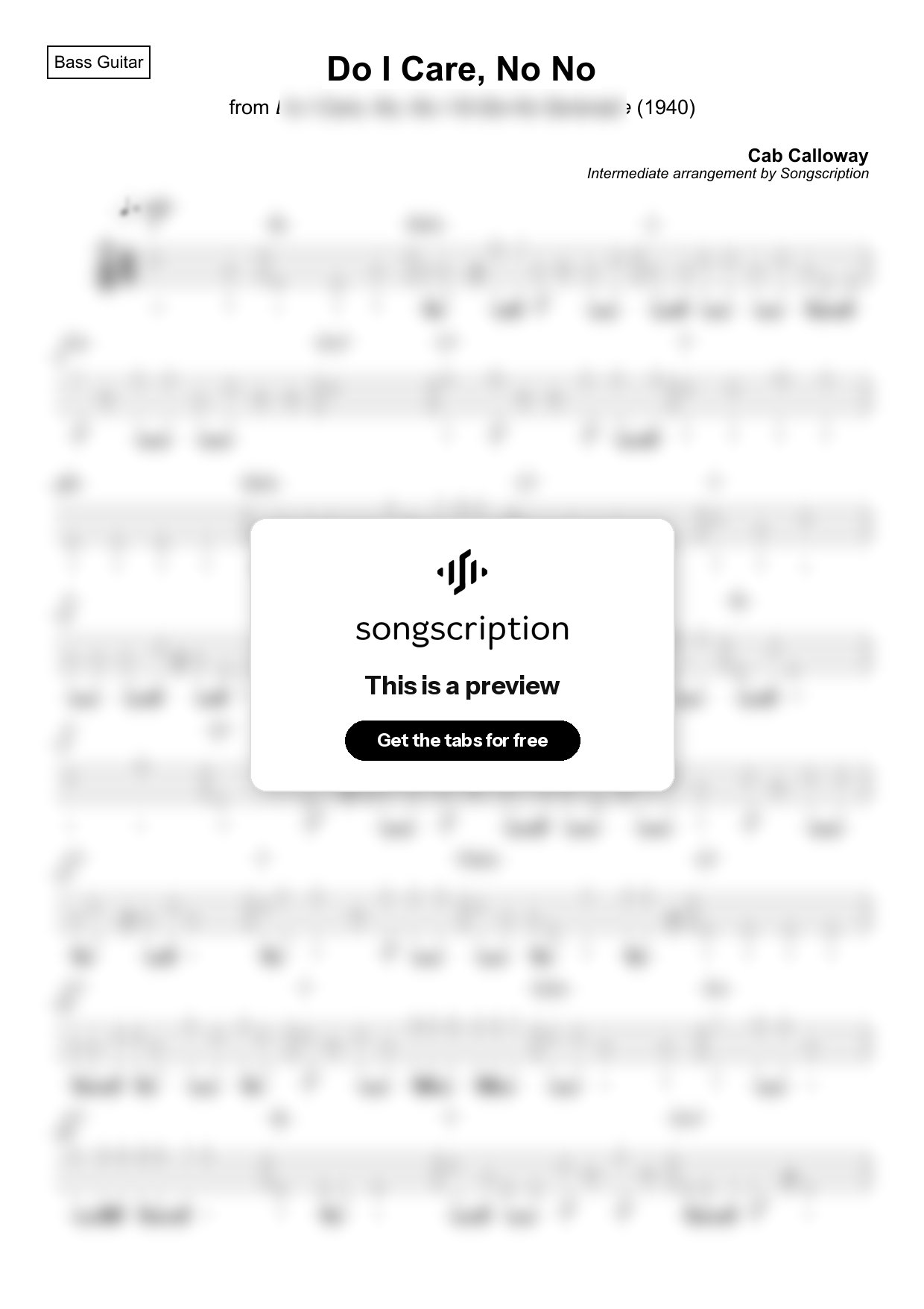 Intermediate Bass Guitar Tabs for "Do I Care, No No" by Cab Calloway