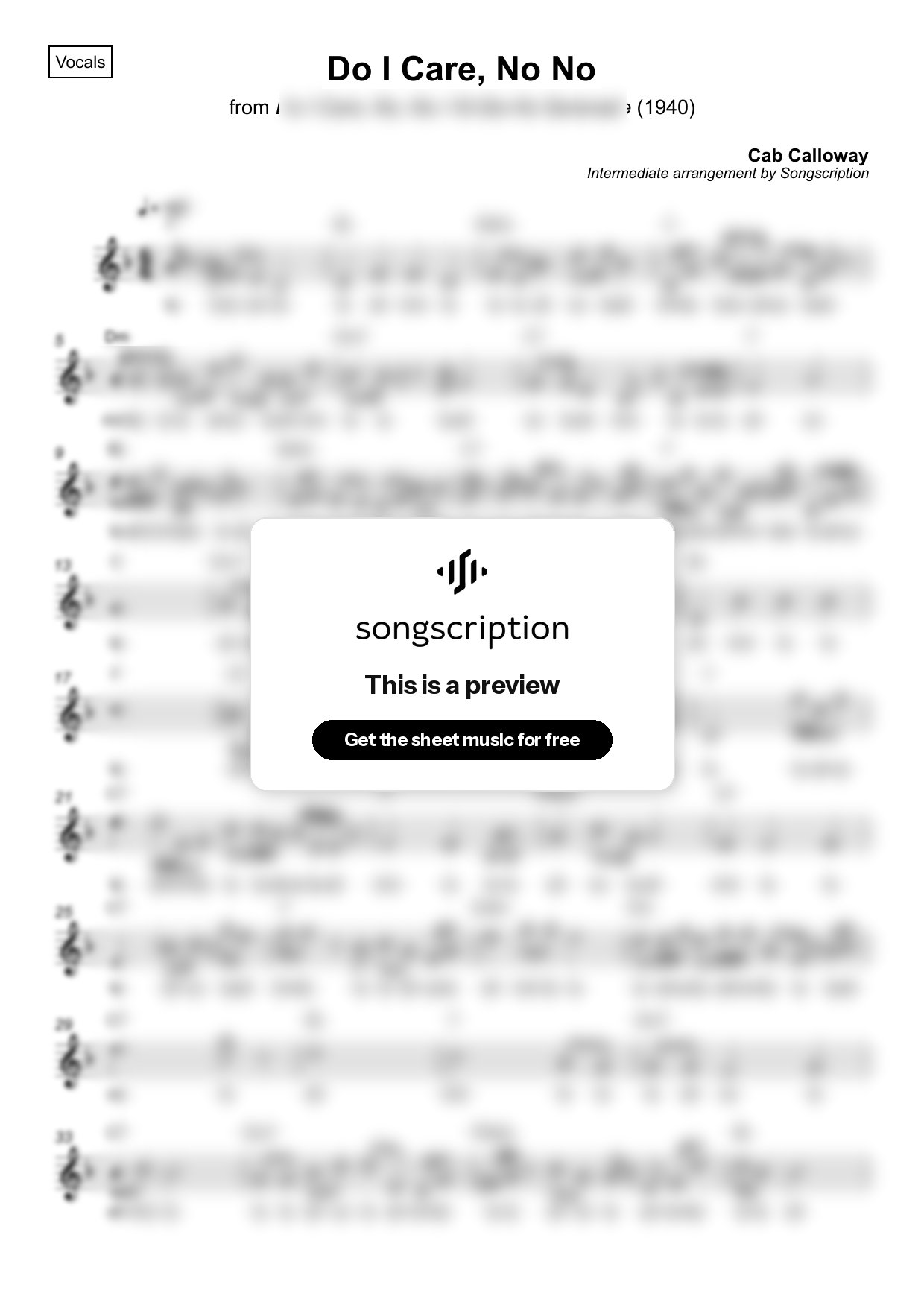 Intermediate Vocals Sheet Music for "Do I Care, No No" by Cab Calloway