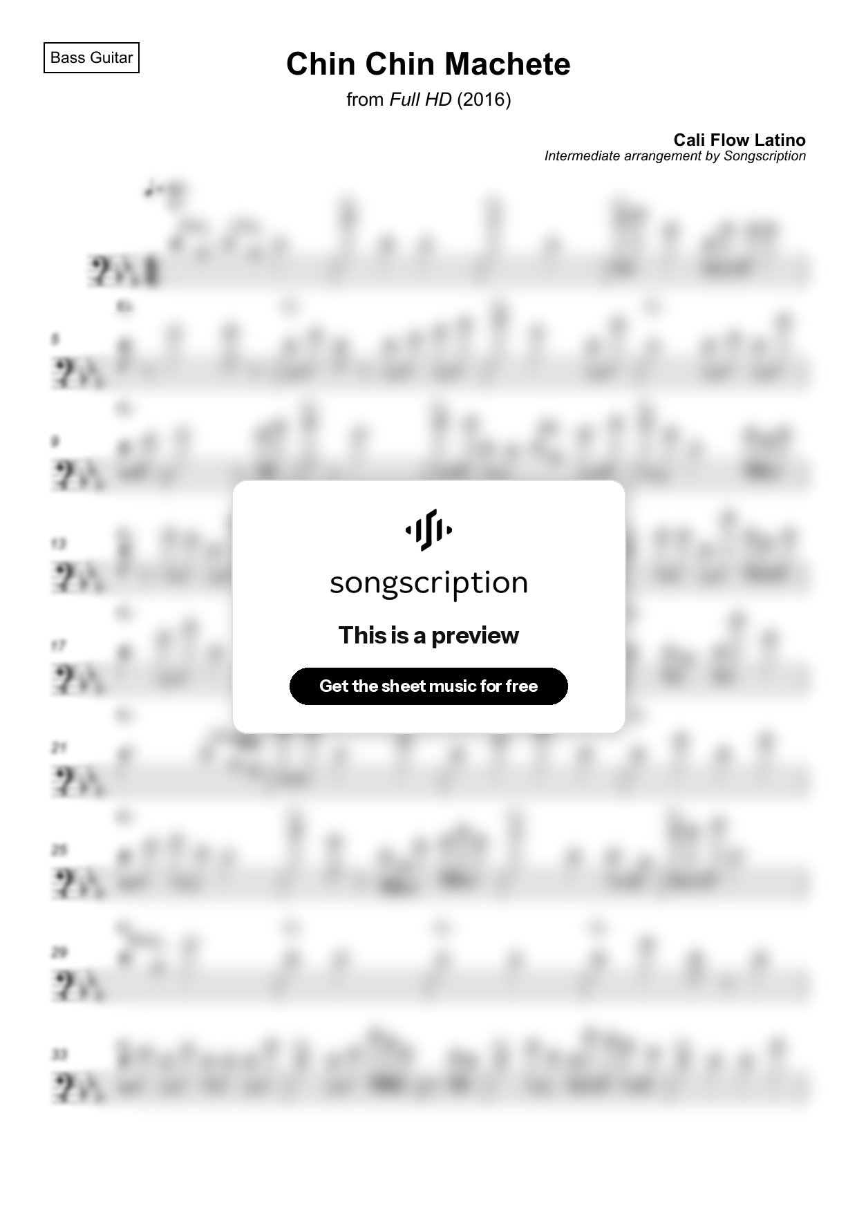 Intermediate Bass Guitar Sheet Music for "Chin Chin Machete" by Cali Flow Latino