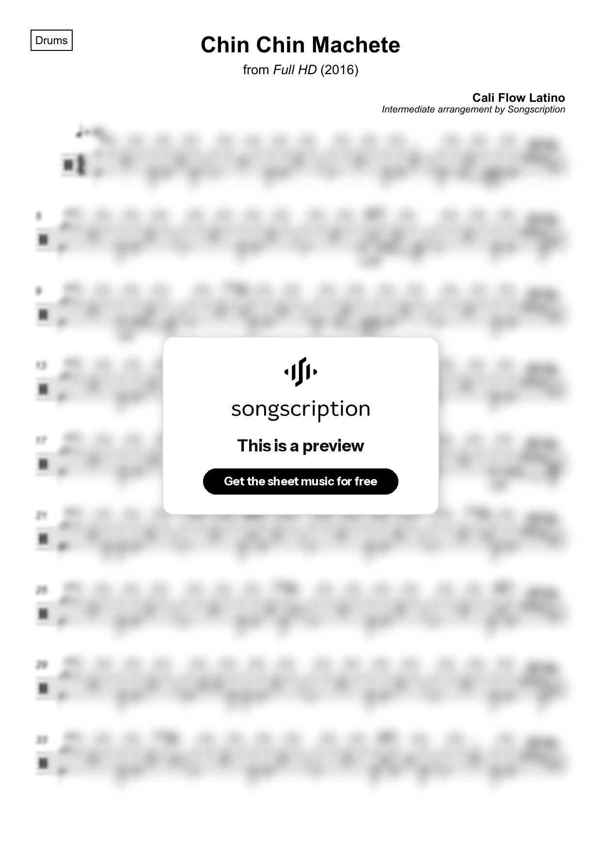 Intermediate Drums Sheet Music for "Chin Chin Machete" by Cali Flow Latino