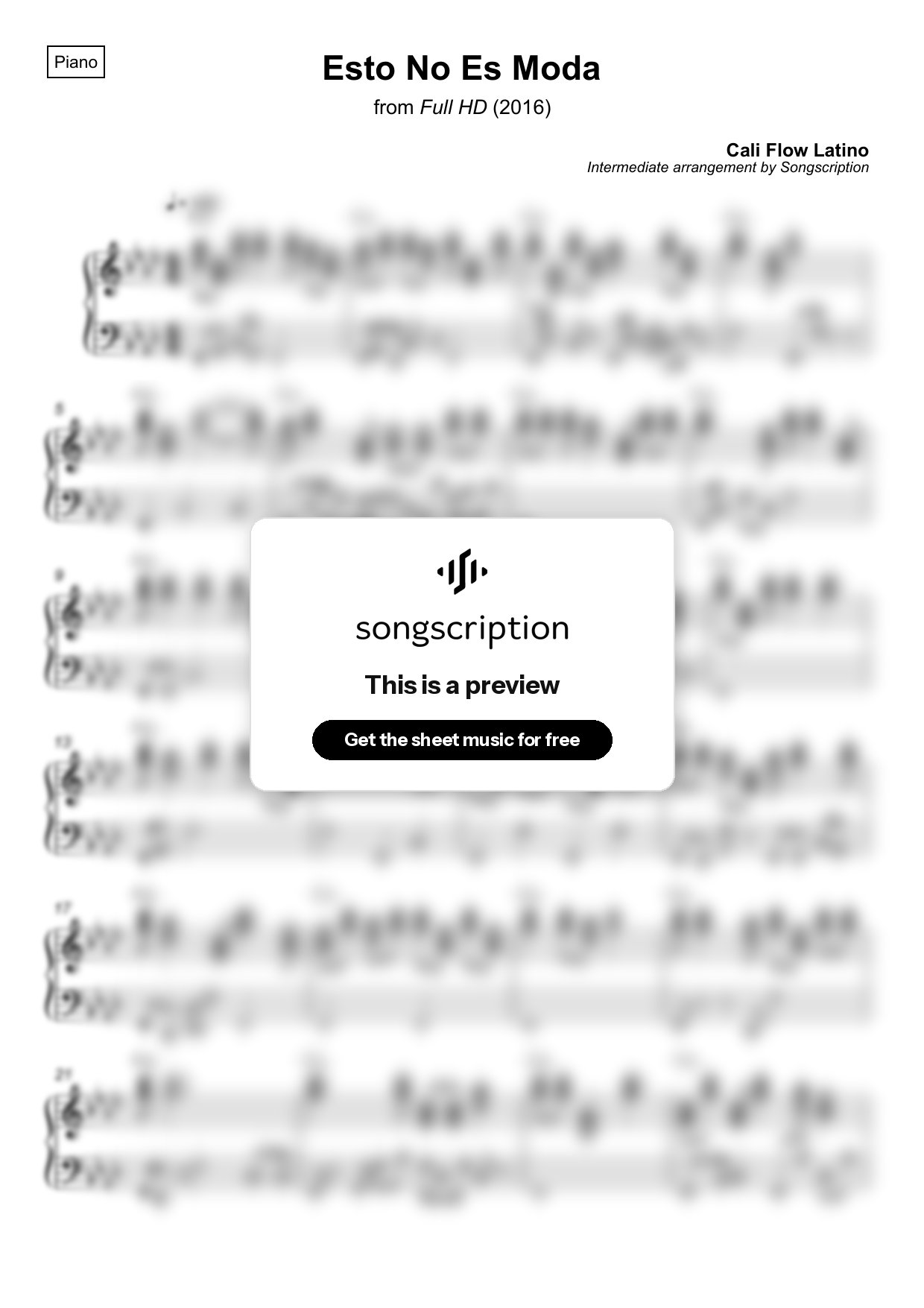 Intermediate Piano Sheet Music for "Esto No Es Moda" by Cali Flow Latino