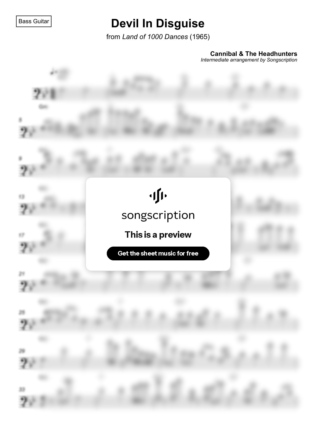 Intermediate Bass Guitar Sheet Music for "Devil In Disguise" by Cannibal & The Headhunters