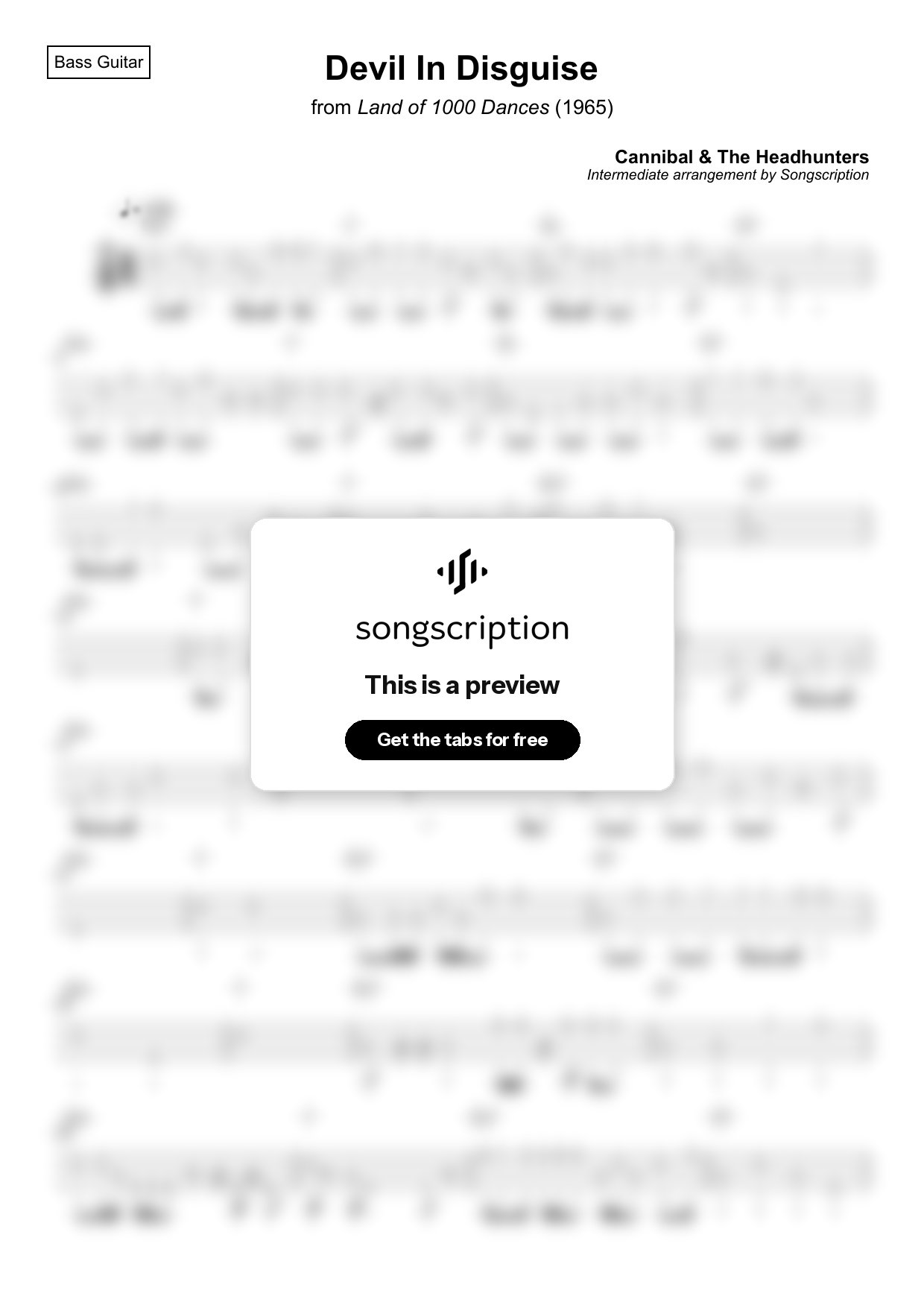 Intermediate Bass Guitar Tabs for "Devil In Disguise" by Cannibal & The Headhunters