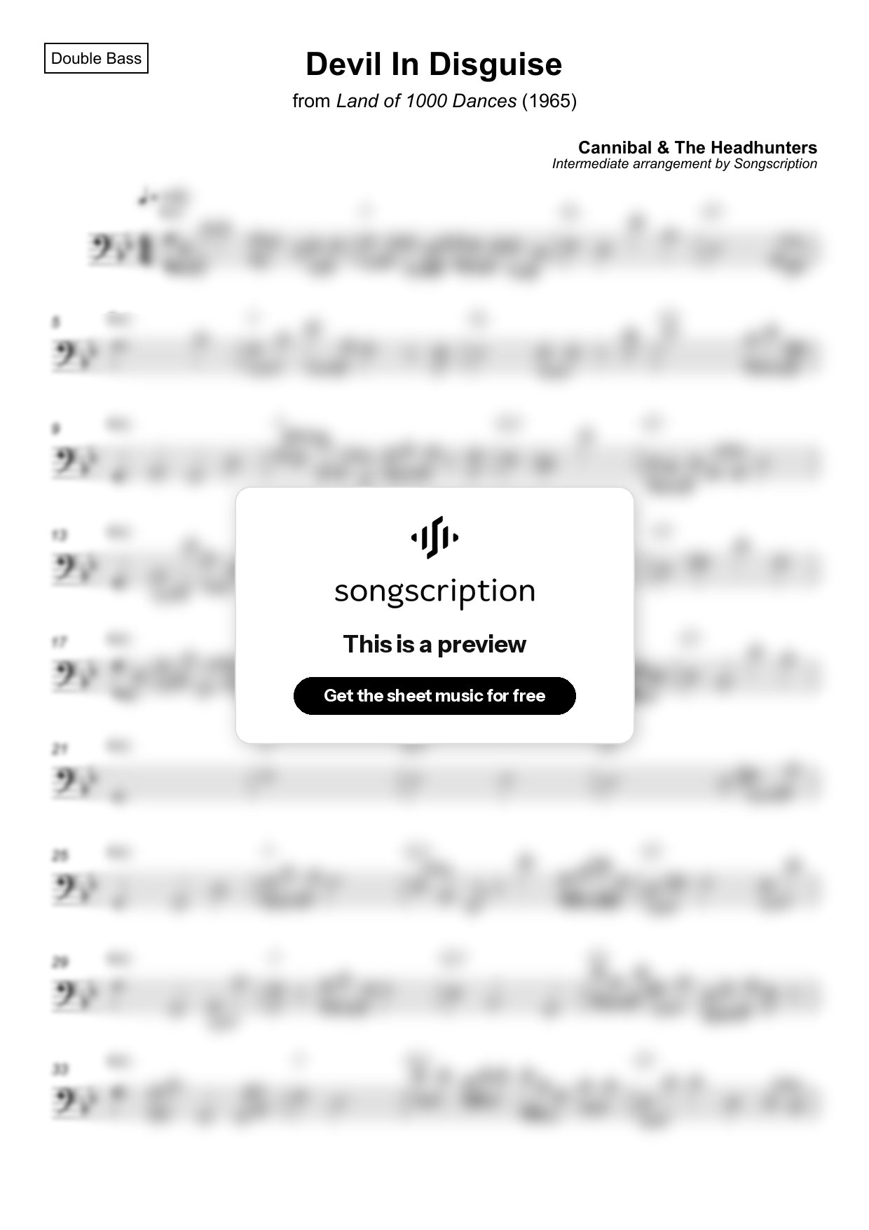 Intermediate Double Bass Sheet Music for "Devil In Disguise" by Cannibal & The Headhunters