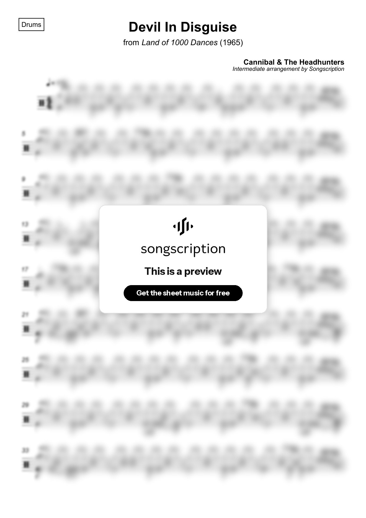 Intermediate Drums Sheet Music for "Devil In Disguise" by Cannibal & The Headhunters