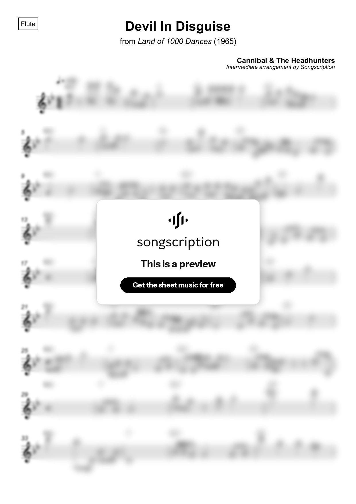 Intermediate Flute Sheet Music for "Devil In Disguise" by Cannibal & The Headhunters