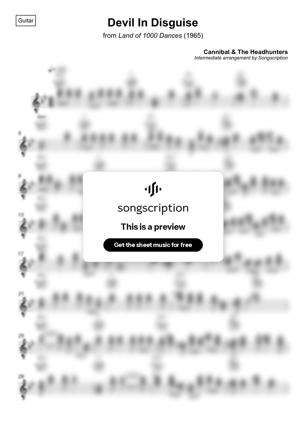 Intermediate Acoustic Guitar Sheet Music for "Devil In Disguise" by Cannibal & The Headhunters