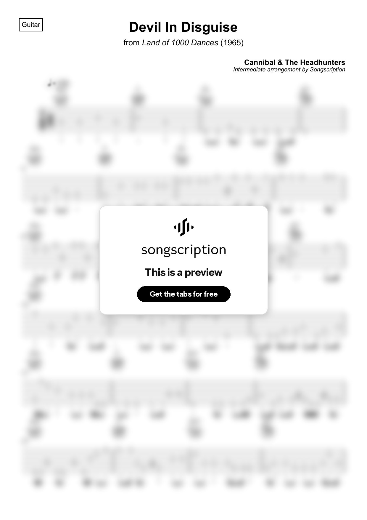 Intermediate Acoustic Guitar Tabs for "Devil In Disguise" by Cannibal & The Headhunters
