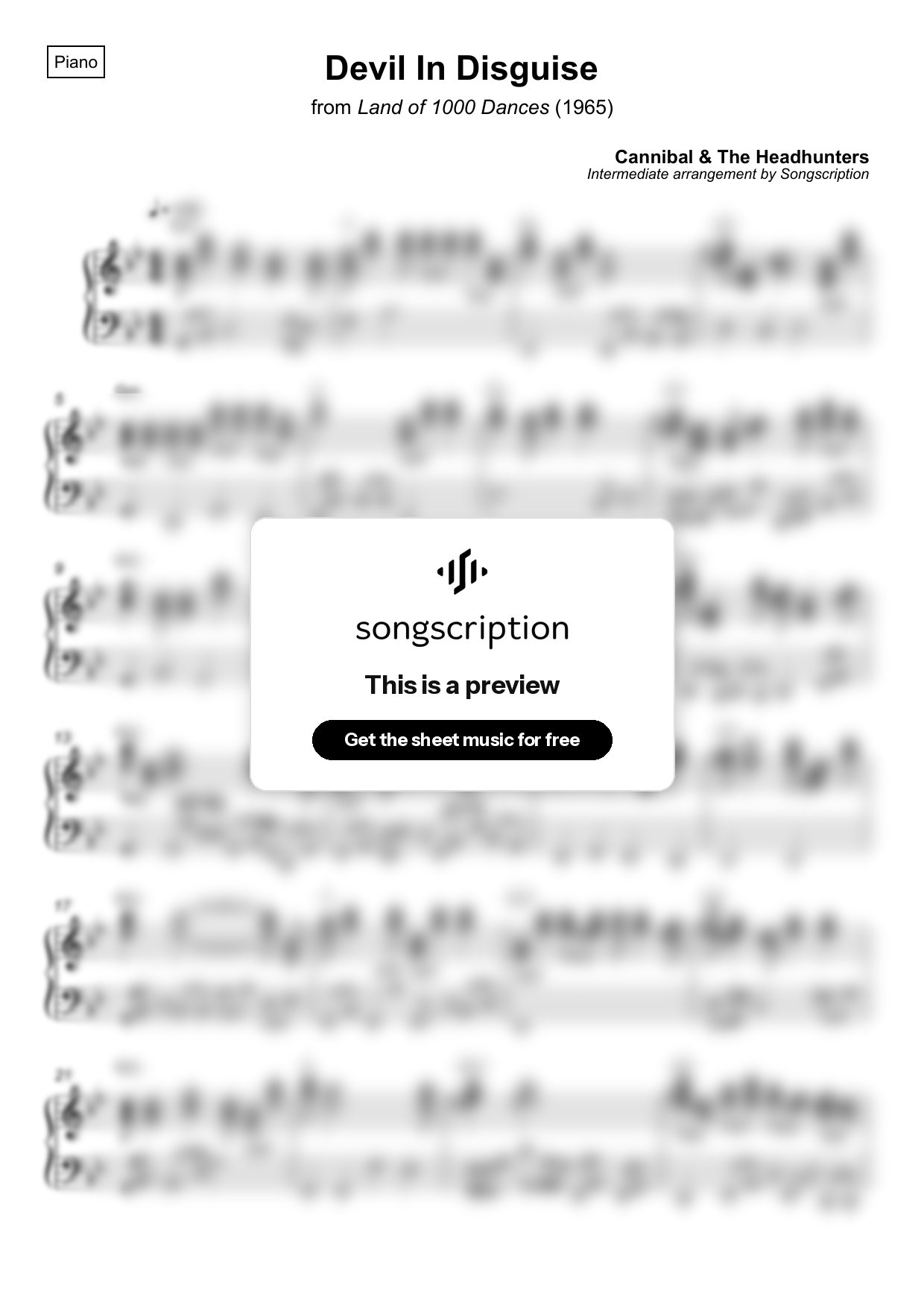 Intermediate Piano Sheet Music for "Devil In Disguise" by Cannibal & The Headhunters