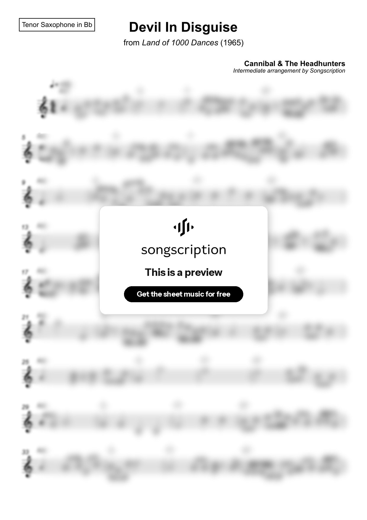 Intermediate Tenor Sax Sheet Music for "Devil In Disguise" by Cannibal & The Headhunters
