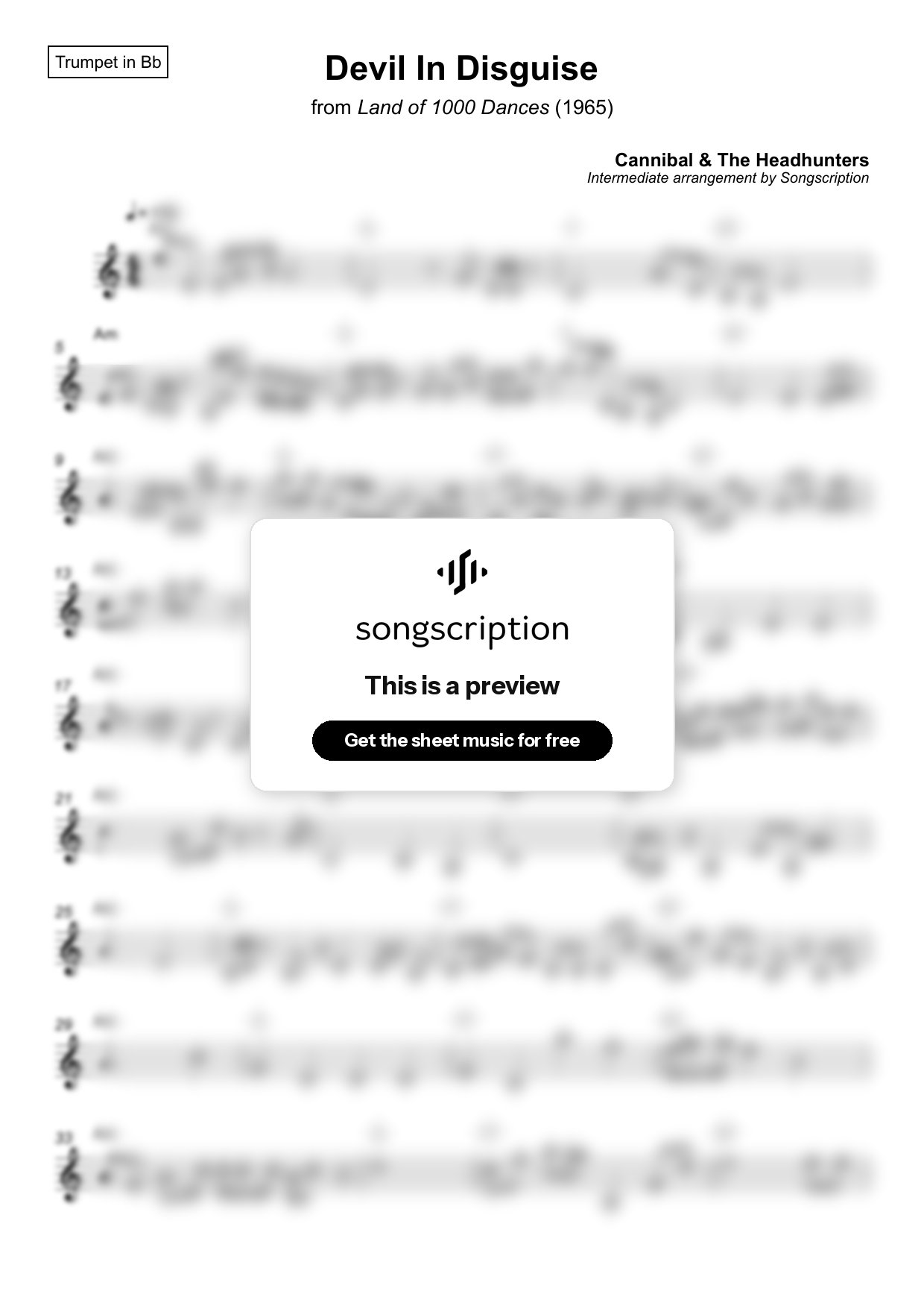 Intermediate Trumpet Sheet Music for "Devil In Disguise" by Cannibal & The Headhunters