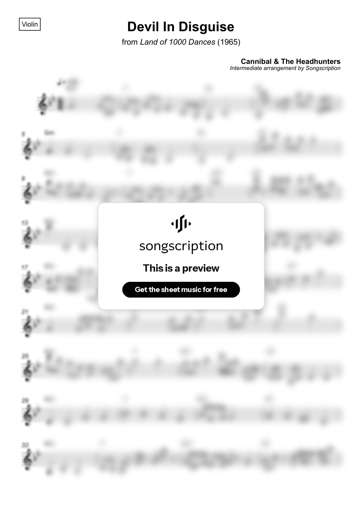 Intermediate Violin Sheet Music for "Devil In Disguise" by Cannibal & The Headhunters