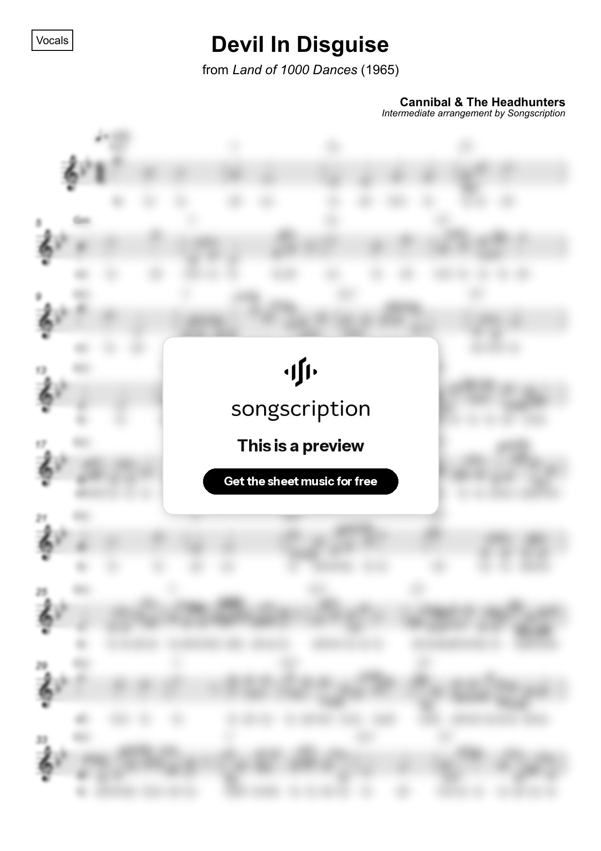 Intermediate Vocals Sheet Music for "Devil In Disguise" by Cannibal & The Headhunters