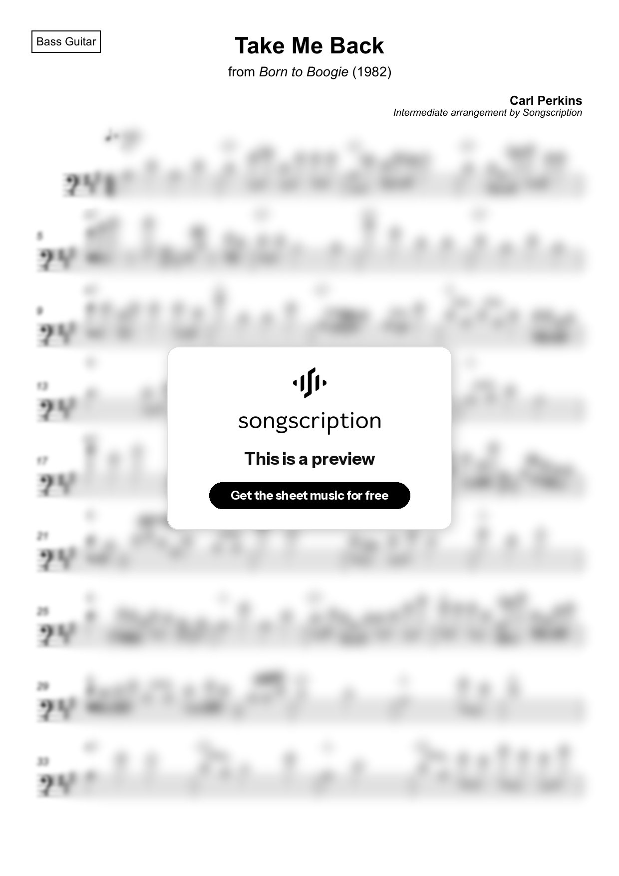 Intermediate Bass Guitar Sheet Music for "Take Me Back" by Carl Perkins