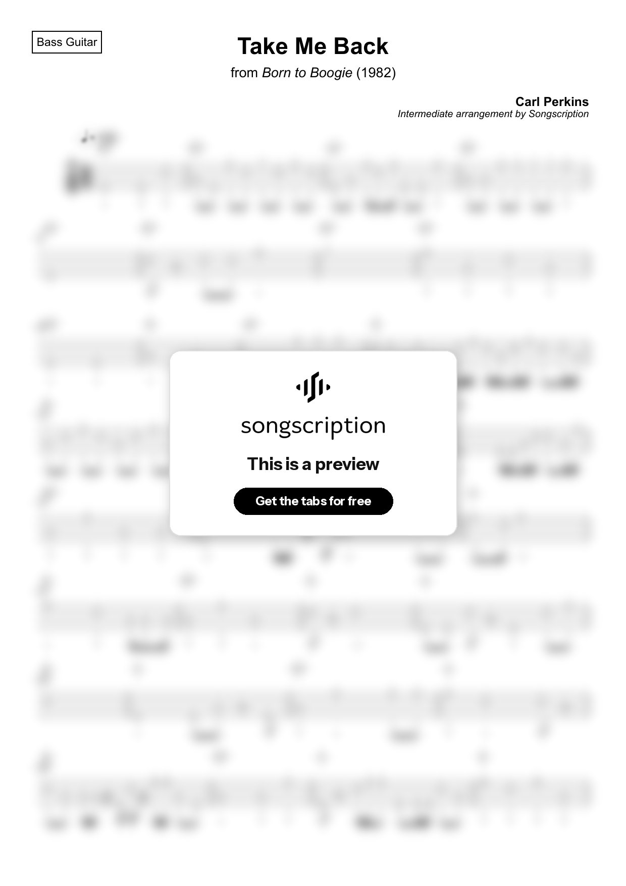 Intermediate Bass Guitar Tabs for "Take Me Back" by Carl Perkins