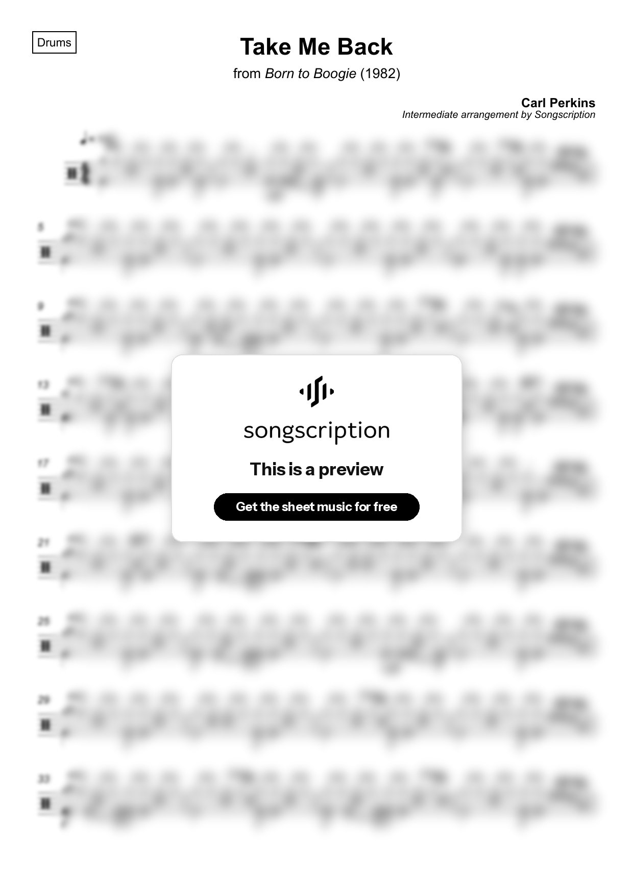 Intermediate Drums Sheet Music for "Take Me Back" by Carl Perkins
